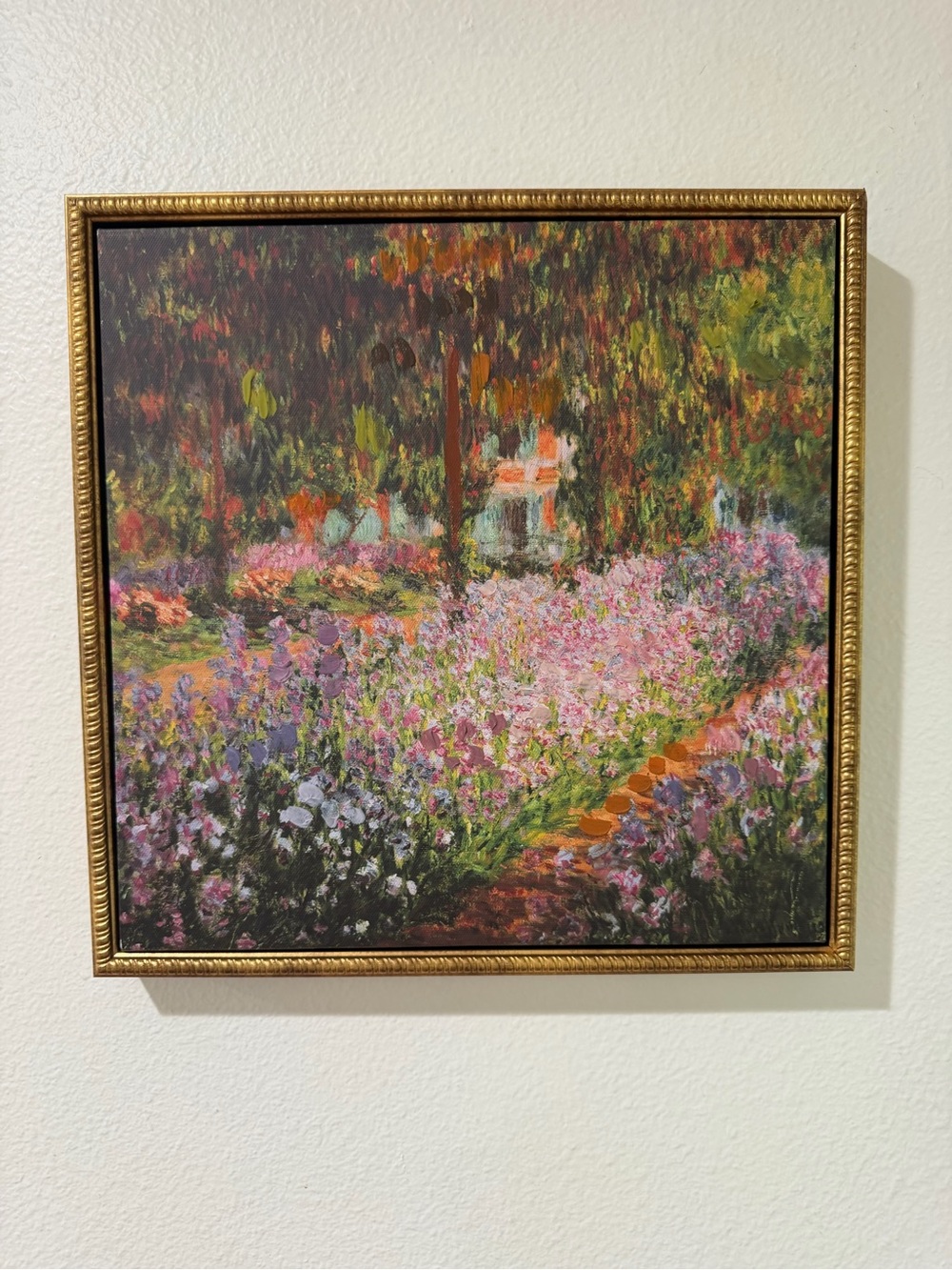 14x14” "The Artist's Garden at Giverny" by Claude Monet. Canvas w/ embellished